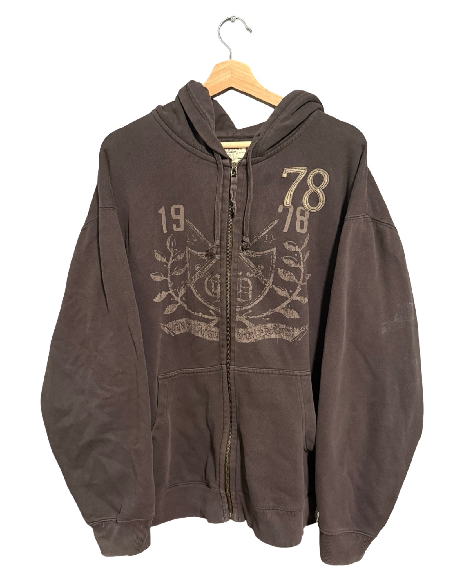 Sudadera con capucha vintage y2k American Rag marrón con cremallera