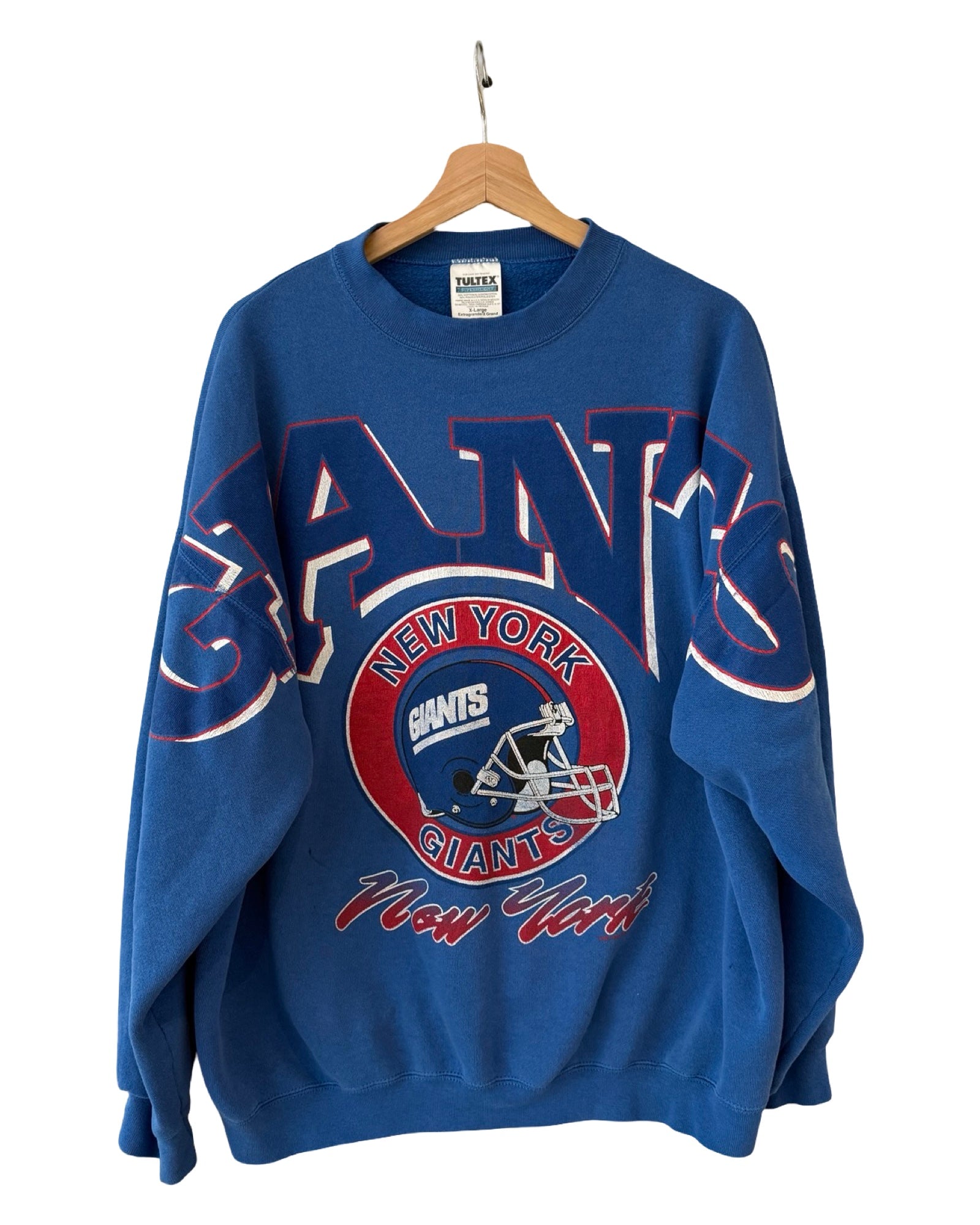 Sudadera vintage de cuello redondo de los 90, rara, con estampado grande de los New York Giants