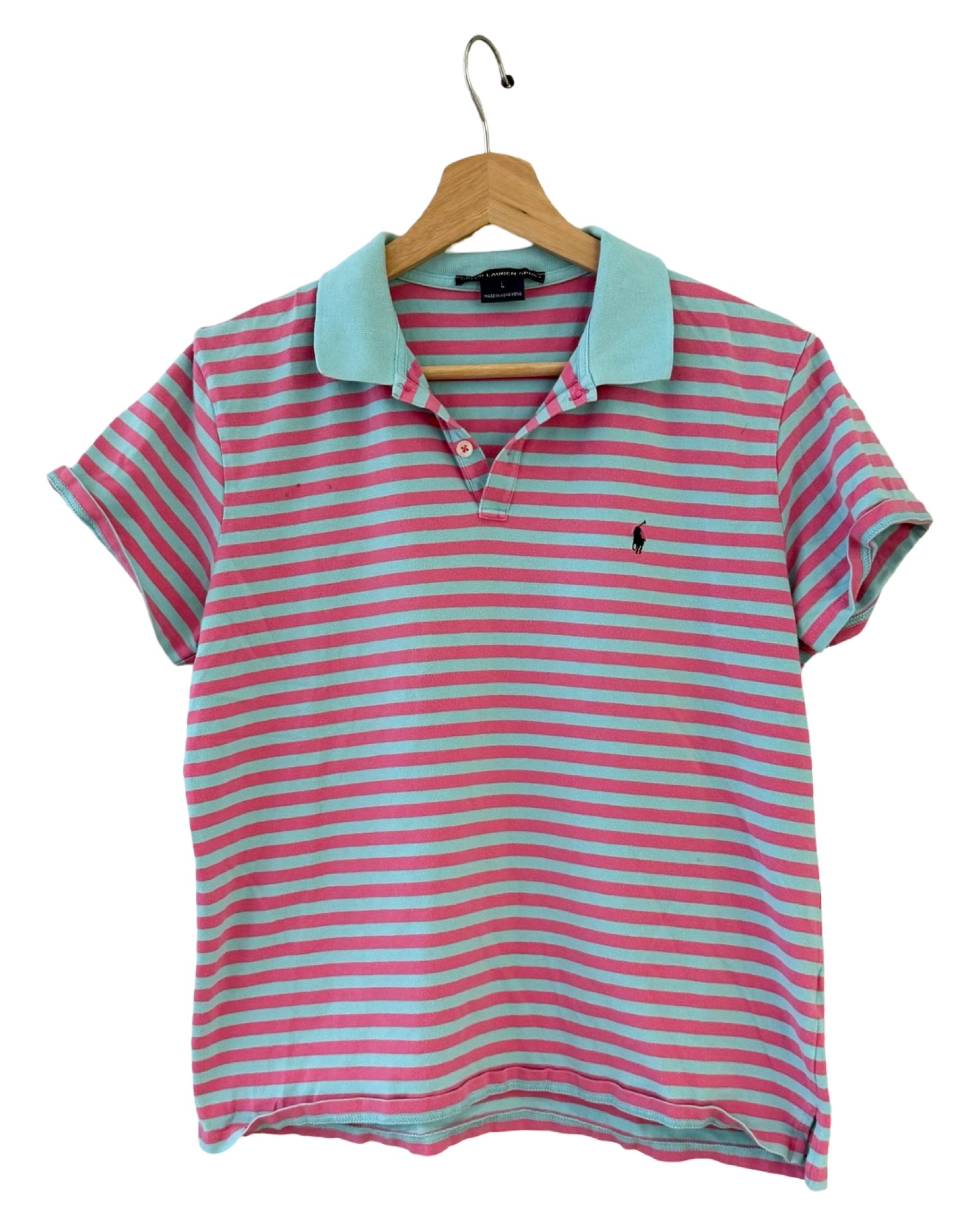 Womens Vintage Ralph Lauren Sport Pink Blue Striped Polo