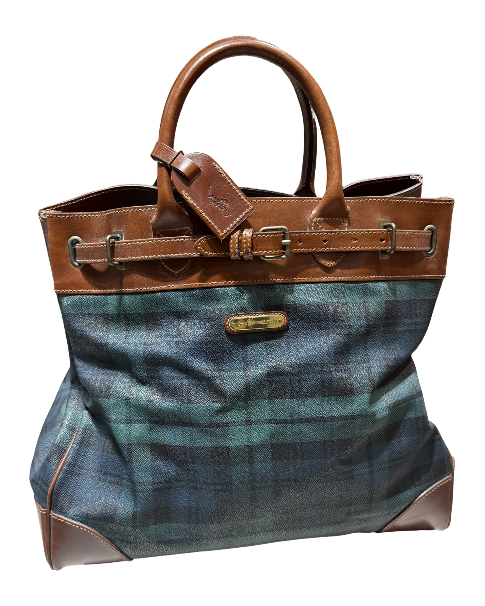Vintage 90s Polo Ralph Lauren Tartan Tall PVC Leather Travel Bag KIF Vintage