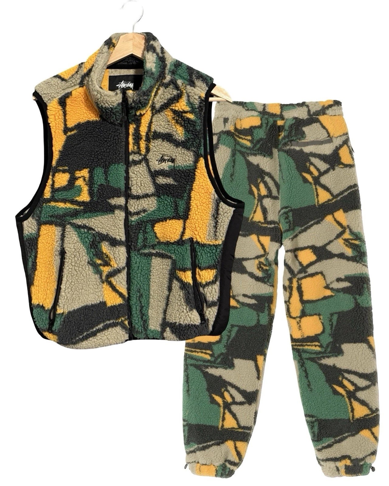 Raro conjunto de chaleco y pantalón de forro polar Stussy Color Block