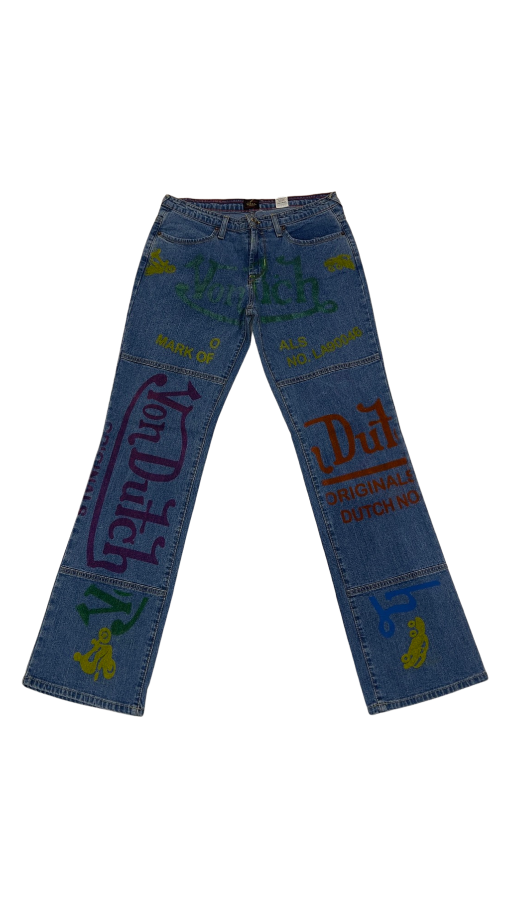 W 13 / M 32 x 32 Vintage Von Dutch Sample Big Print Jeans KIF Vintage